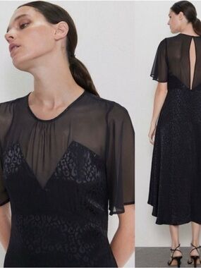 Zara Sz Medium Hi-Low Black Sheer-Overlay Midi Dress